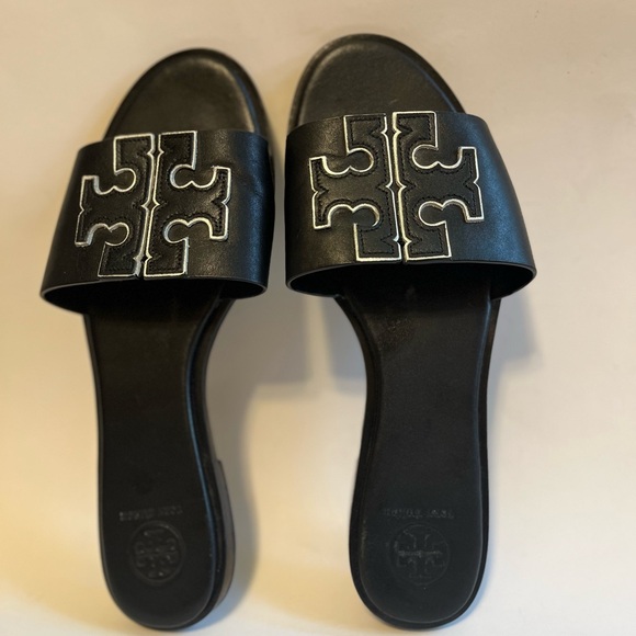 Sz 8.5 Tory Burch Double T Sport Slide Sandals  Black & Silver - Picture 4 of 14